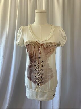 Galliano Ivory Puff Sleeve Corset-Print Short Sleeve Top